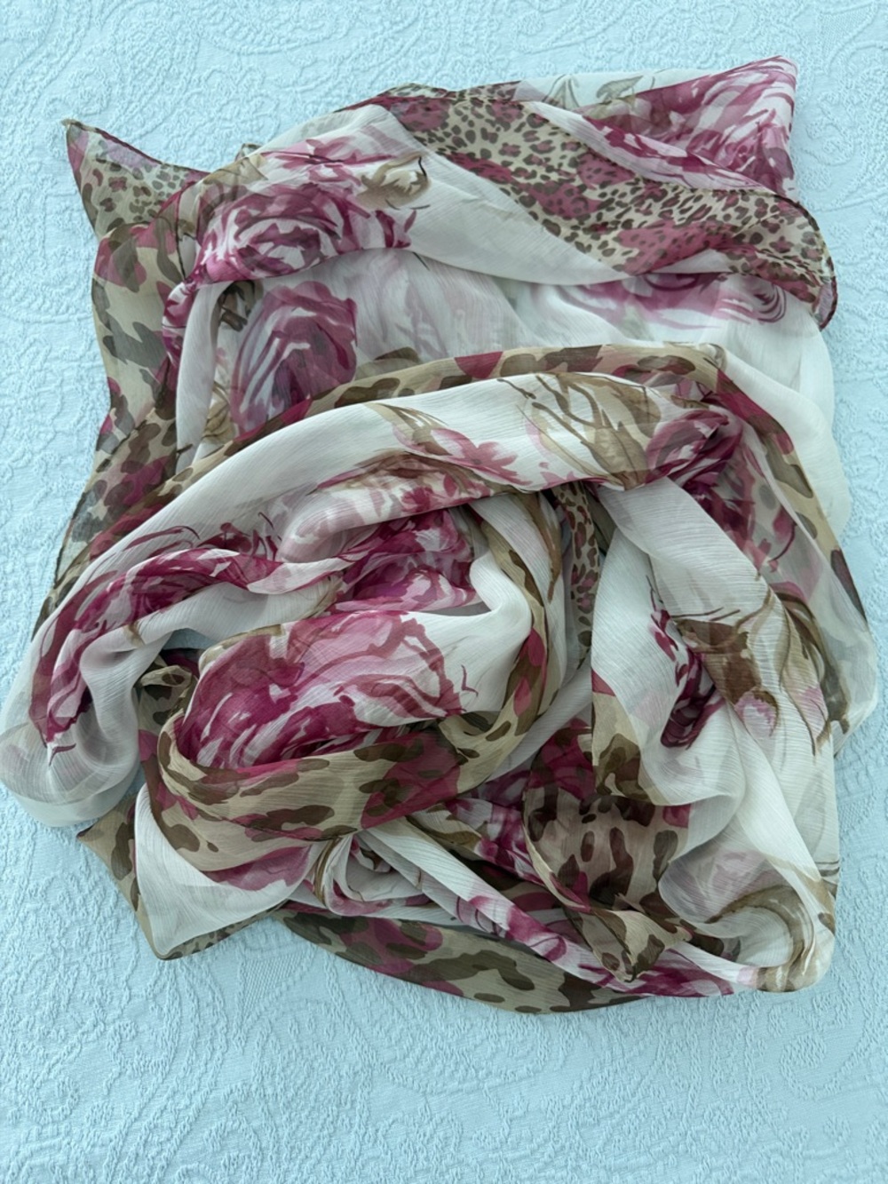 Nordstrom Silk Pink Floral and Tan Leopard Print Sheer Scarf
